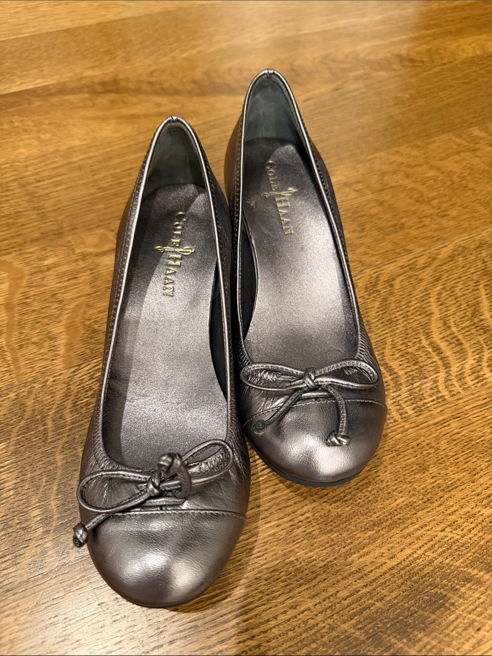 Cole Haan Metallic Pewter wedges with Bow